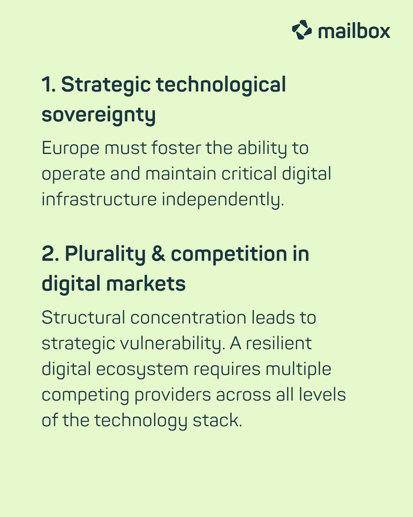 1. Strategic technological sovereignty: Europe must foster the ability to operate and maintain critical digital infrastructure independently.
2. Plurality & competition in digital markets: Structural concentration leads to strategic vulnerability. A resilient digital ecosystem requires multiple competing providers across all levels of the technology stack.