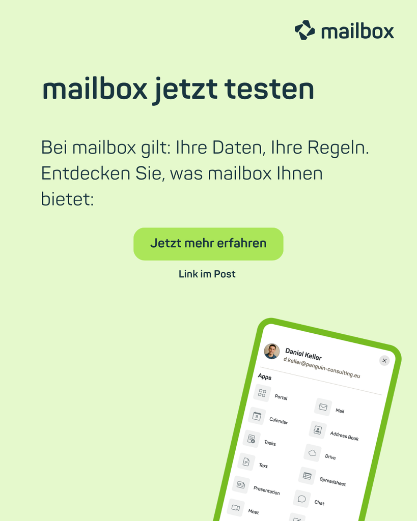 mailbox jetzt testen: Bei mailbox gilt: Ihre Daten, Ihre Regeln. Entdecken Sie, was mailbox Ihnen bietet: Jetzt mehr erfahren - Link im Post.